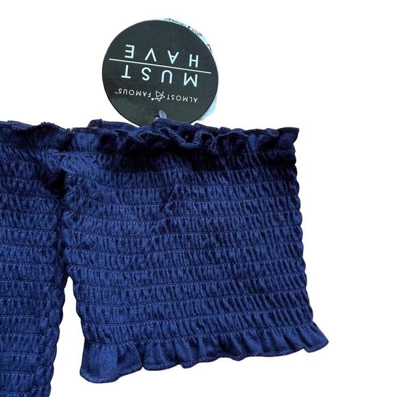 Almost Famous Blue Smocked Off Shoulder Crop Top Size L Boho 90's Y2K - Picture 4 of 5